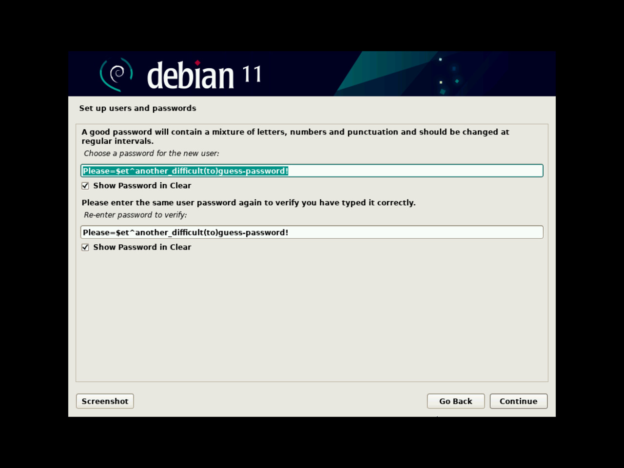 My first Linux laptop - Setup the first standard user password for the Debian installation